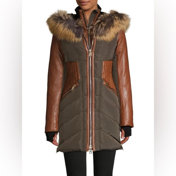 NICOLE BENISTI‎ Courvechal leather&Fox Fur-Trim Chevron Down parka Coat sz small - Picture 1 of 17